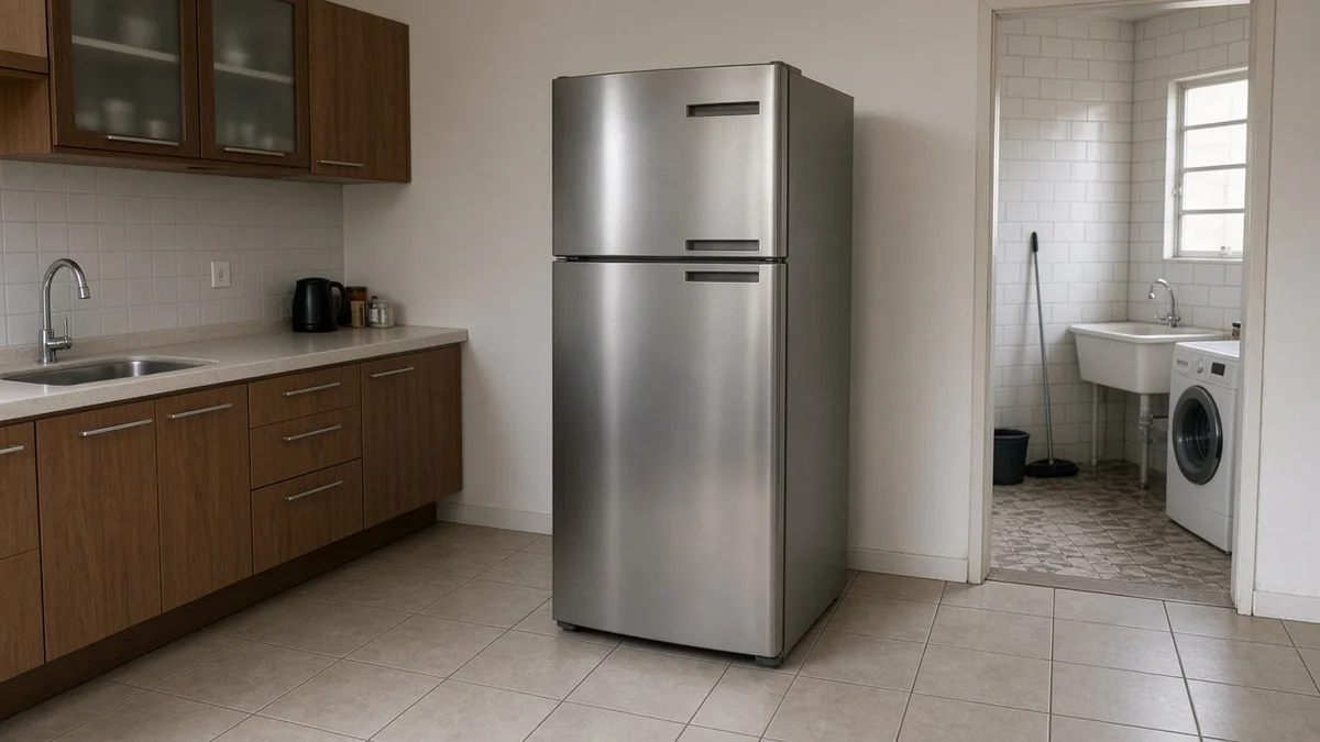 Técnico Refrigeração Curitiba Pro: geladeira recem mudada na cozinha antes de ligar apos transporte, em cozinha residencial brasileira com luz natural realista.