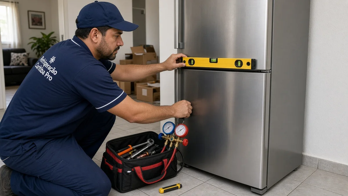 Na secção do artigo: tecnico instala geladeira apos mudanca com nivel e ferramentas. Uniforme Refrigeração Curitiba Pro e equipamentos de serviço à vista.