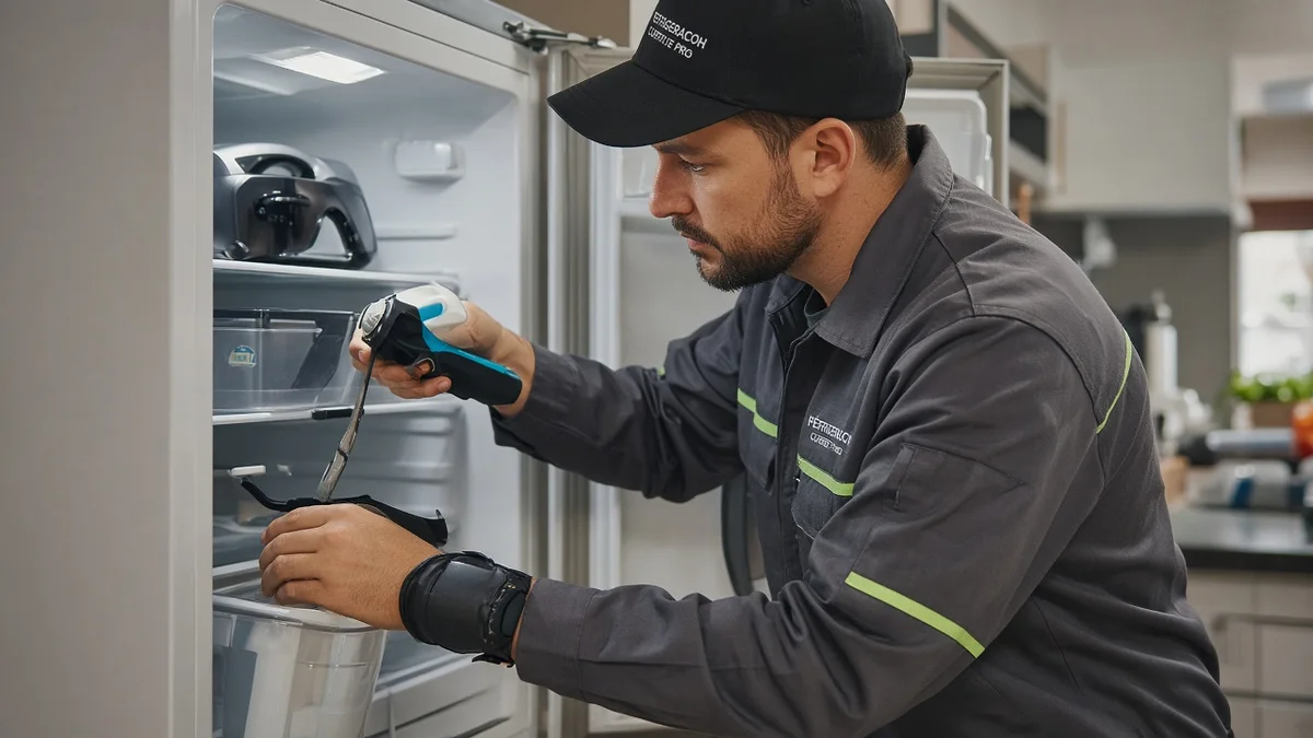 Conta de luz alta ao lado de geladeira com painel falhando, em residência brasileira, com técnico Refrigeração Curitiba Pro e materiais e ferramentas ao lado.