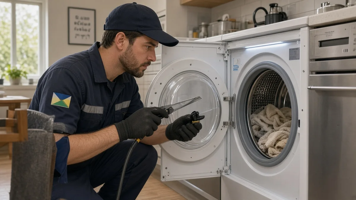 Técnico Refrigeração Curitiba Pro: morador nota varios sinais de defeito na geladeira aberta, em cozinha residencial brasileira com luz natural realista.