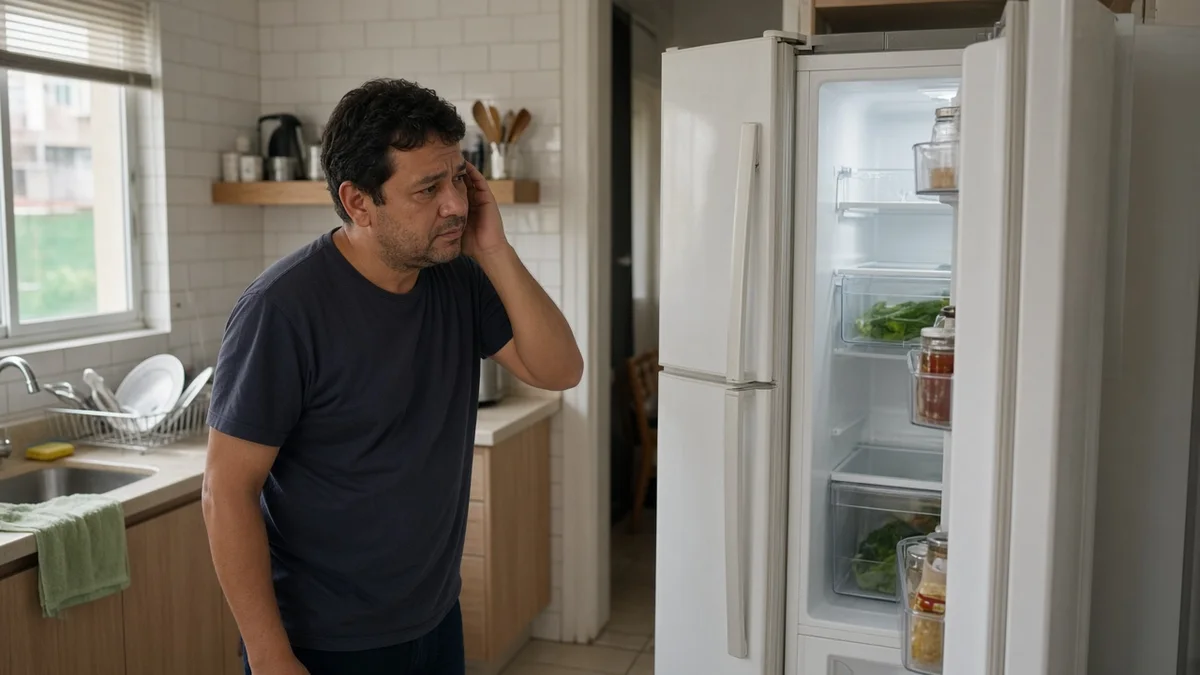 Na secção do artigo: morador preocupado escuta ruido anormal da geladeira na cozinha. Uniforme Refrigeração Curitiba Pro e equipamentos de serviço à vista.