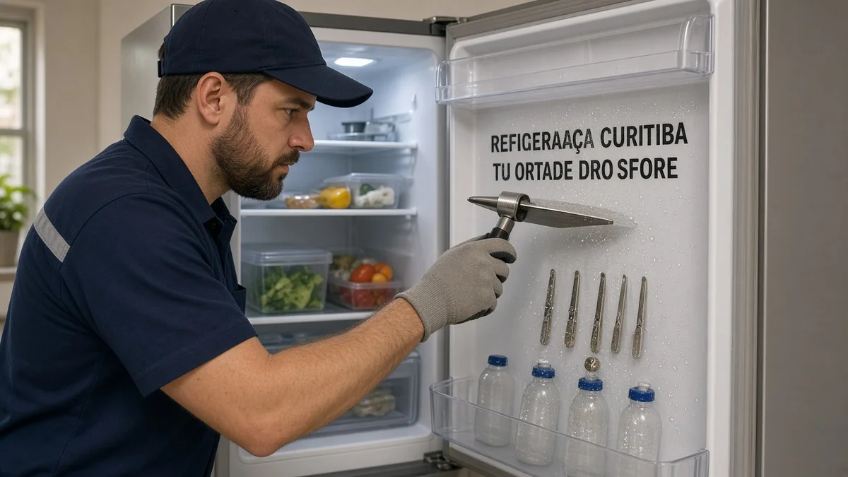Na secção do artigo: poca de agua sob geladeira e odor indicando falha residencial. Uniforme Refrigeração Curitiba Pro e equipamentos de serviço à vista.