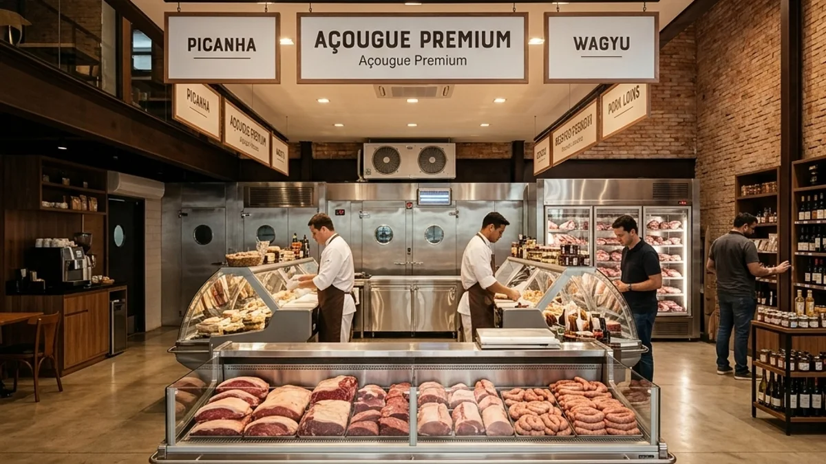Açougues. Interior de um açougue e casa de carnes moderna no Brasil com balcões frigoríficos, destacando o ambiente limpo e com temperatura controlada