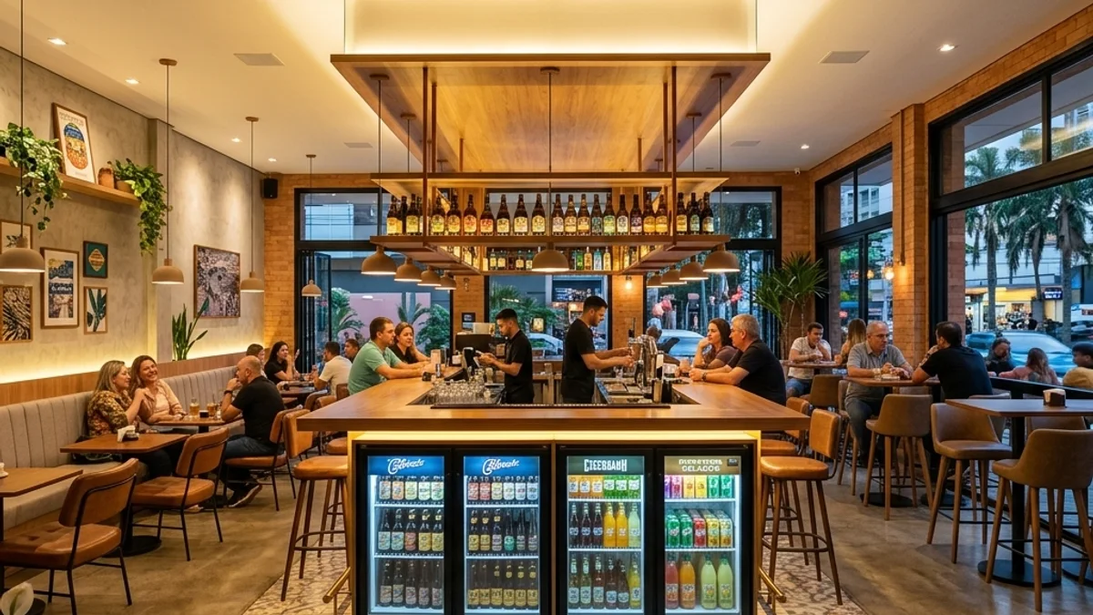 Bares. Interior de um bar moderno e elegante no Brasil, destacando um balcão bem iluminado, expositores de bebidas e um ambiente agradável e com temperatura controlada