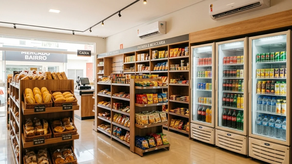 Comércios pequenos. Interior de um pequeno comércio local bem estruturado no Brasil, com prateleiras organizadas e refrigeração instalado para conforto térmico dos clientes