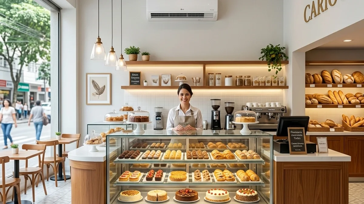 Confeitarias. Interior de uma confeitaria elegante no Brasil, com vitrines refrigeradas repletas de doces e ambiente com temperatura controlada para os clientes