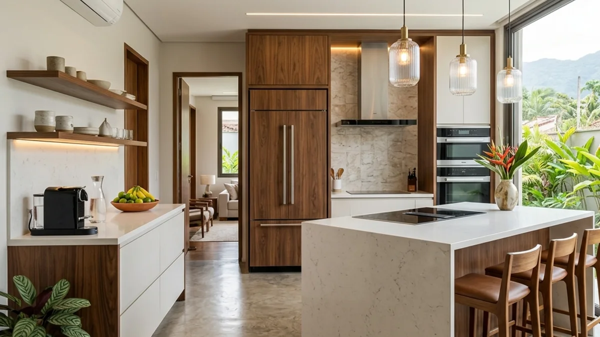 Cozinhas. Interior de cozinha residencial moderna no Brasil, com eletrodomésticos e espaço para refrigeração doméstica