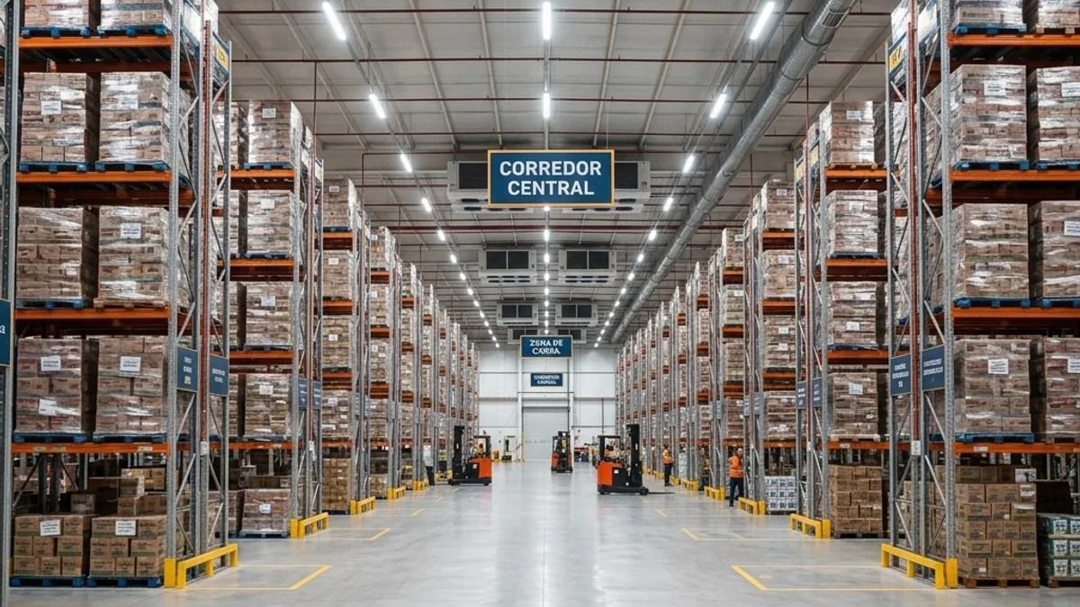 Distribuidoras. Interior de um amplo galpão de distribuidora no Brasil, mostrando prateleiras organizadas e sistema robusto de refrigeração industrial