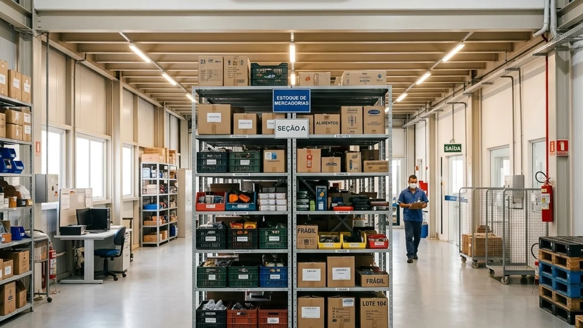 Operações com estoque. Interior de um estoque comercial organizado no Brasil, mostrando prateleiras repletas de mercadorias e um ambiente com temperatura controlada