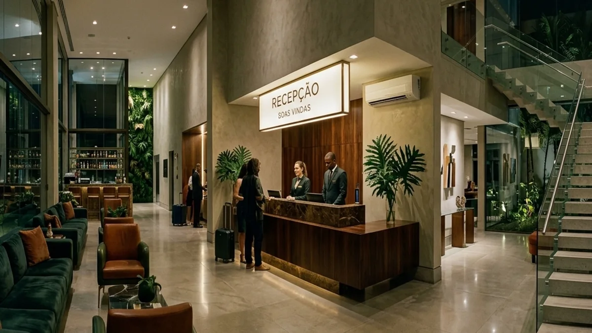 Hotéis e hospedagens. Lobby elegante de um hotel moderno no Brasil, com amplo espaço de recepção bem iluminado e ambiente com temperatura controlada garantindo conforto aos hóspedes