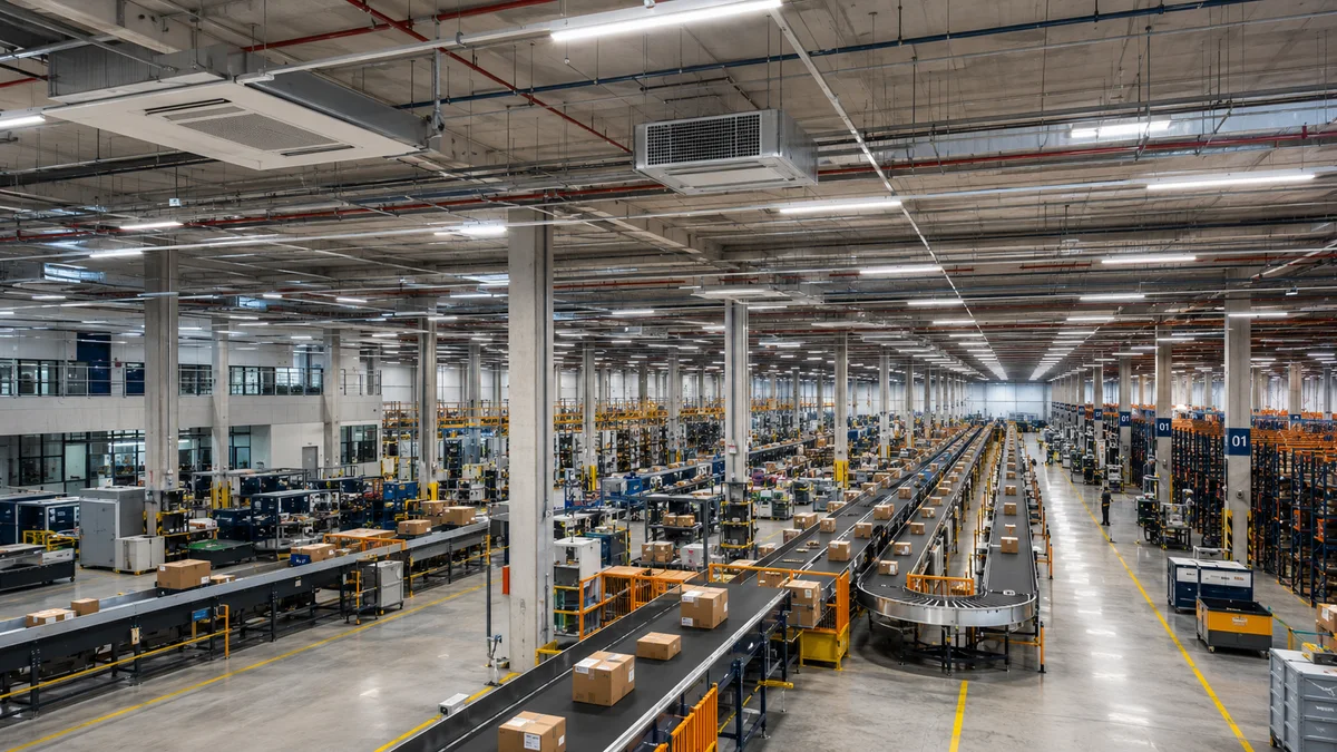 Logística e estoque. Interior de um moderno centro de logística no Brasil, mostrando esteiras, pacotes organizados e um sistema de refrigeração industrial no teto