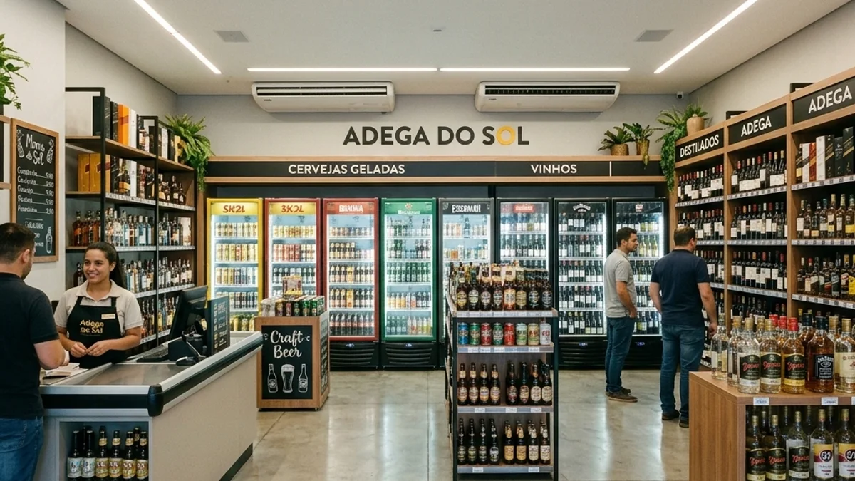Operações com bebidas. Interior de uma loja de bebidas moderna no Brasil, com paredes repletas de expositores refrigerados e um ambiente limpo e com temperatura controlada