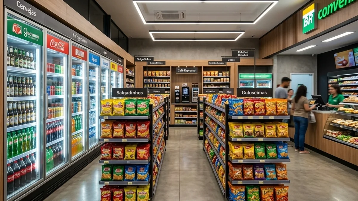 Conveniências. Interior de uma loja de conveniência moderna no Brasil, com prateleiras organizadas, parede de expositores de bebidas e ambiente com temperatura controlada