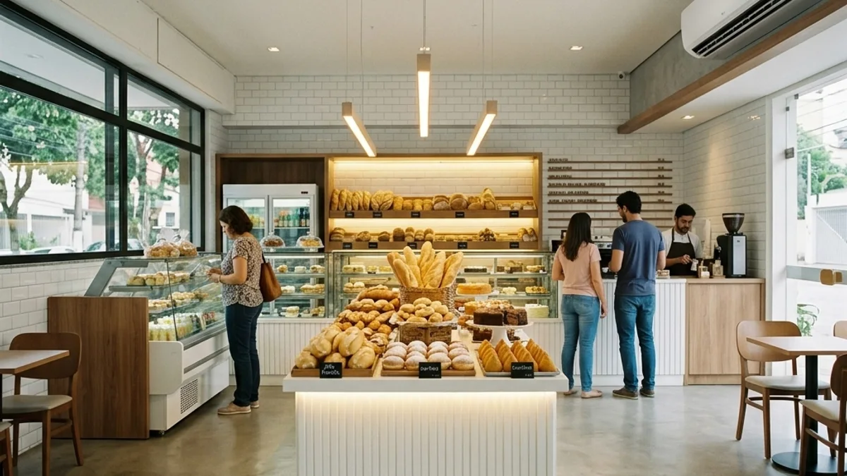 Padarias e mercados. Interior de padaria moderna no Brasil com balcões e equipamentos de refrigeração para alimentos