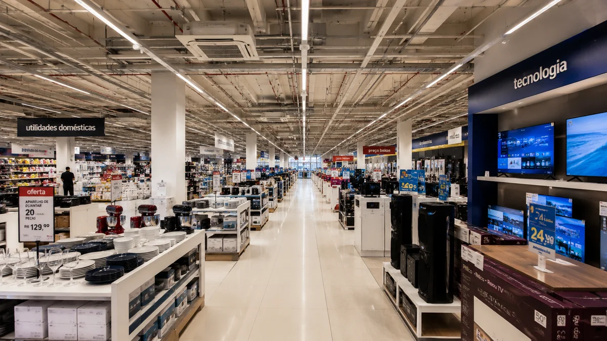 Redes de varejo. Interior de uma grande rede de varejo no Brasil, mostrando corredores amplos com produtos e um excelente sistema de refrigeração comercial