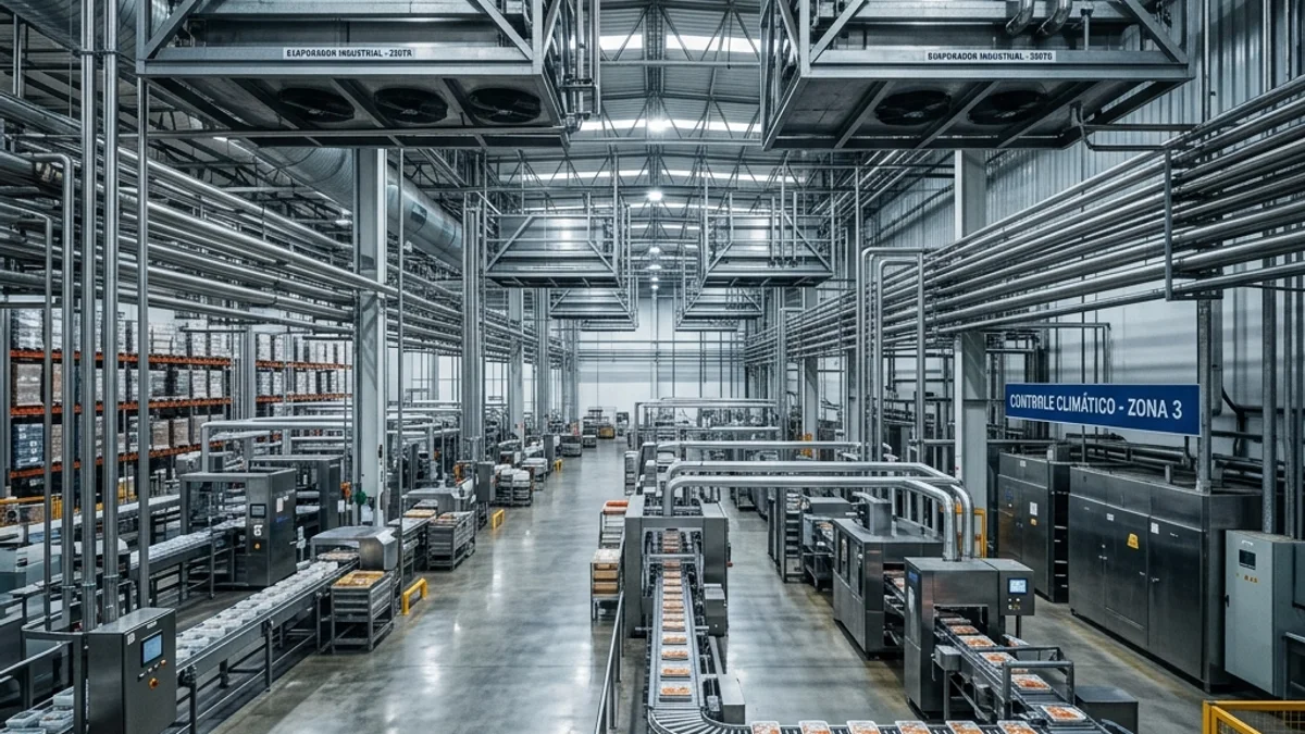 Indústrias alimentícias. Instalação de refrigeração industrial de alta capacidade em galpão de processamento no Brasil, mantendo controle térmico rigoroso e seguro