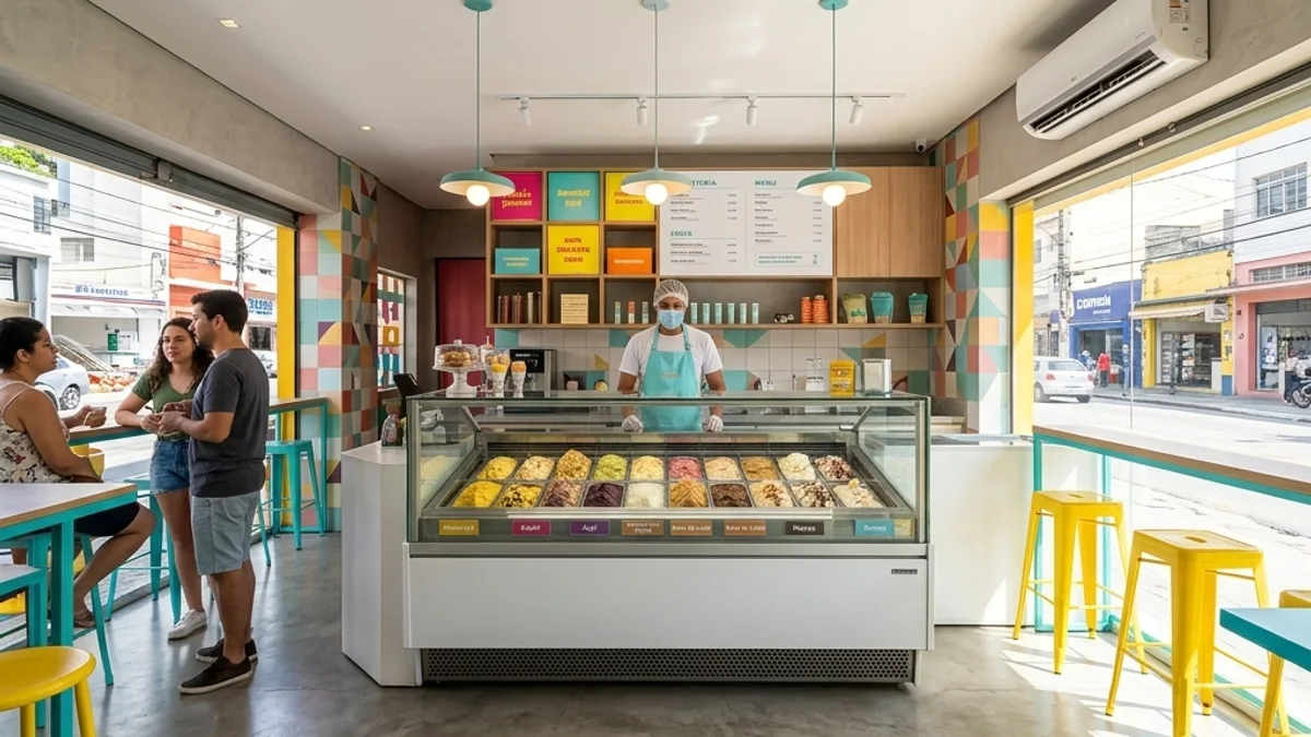 Sorveterias. Interior de uma sorveteria moderna e colorida no Brasil, destacando os balcões de sorvete e o ambiente fresco e com temperatura controlada para os clientes