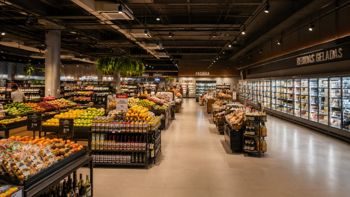 Supermercados. Interior de um grande supermercado moderno no Brasil, com corredores amplos, gôndolas cheias e ambiente com temperatura controlada para clientes