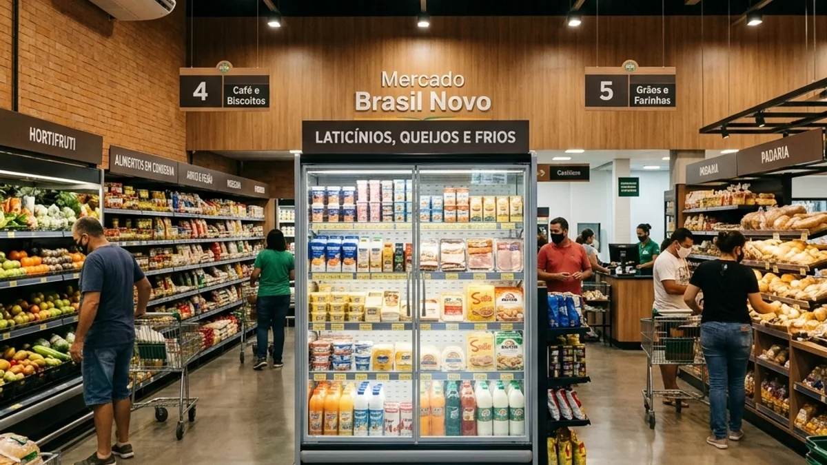 Varejo alimentício. Interior de uma loja de varejo alimentício moderna no Brasil, com corredores organizados, seções refrigeradas e ambiente com temperatura controlada