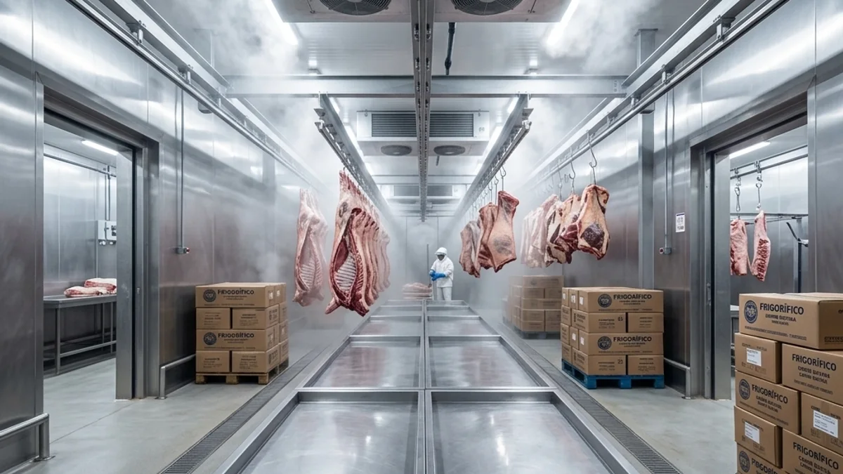 Frigoríficos. Interior de uma câmara fria e frigorífico industrial no Brasil, mostrando equipamentos de aço inox e sistema de refrigeração de alta potência