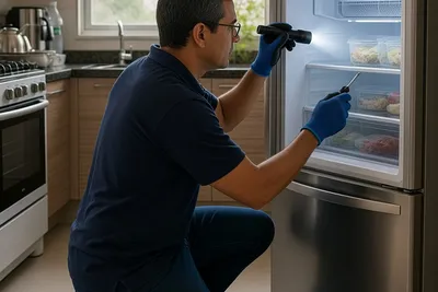 Técnico da Refrigeração Curitiba Pro realizando conserto de geladeira residencial em Curitiba